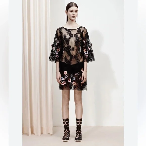 Suno Dresses | Suno Silk Embroidered Lace Dress With Raised Floral Applique, Black, Size 6 | Color: Black | Size: 6 | Emilyclaire4656's Closet